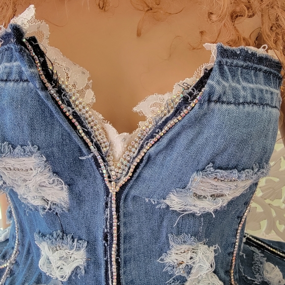 The "MOREA" Denim, Crystal & Lace Rustic Wedding Ballgown Set (Without Boots) - Picture 6 of 11